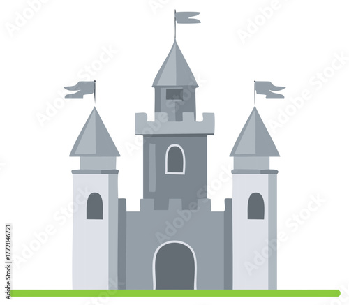 Simple vector illustration of a gray medieval fairy tale castle with towers and flags