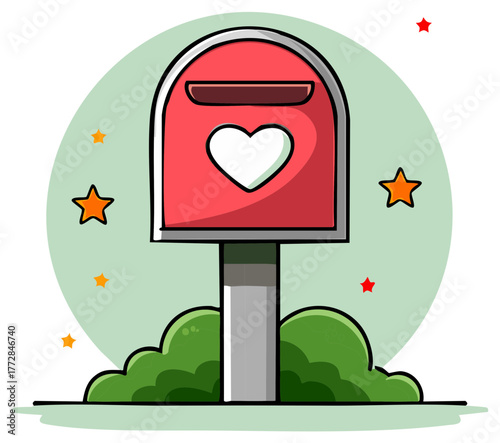Vibrant red postbox with a white heart design and glowing star details