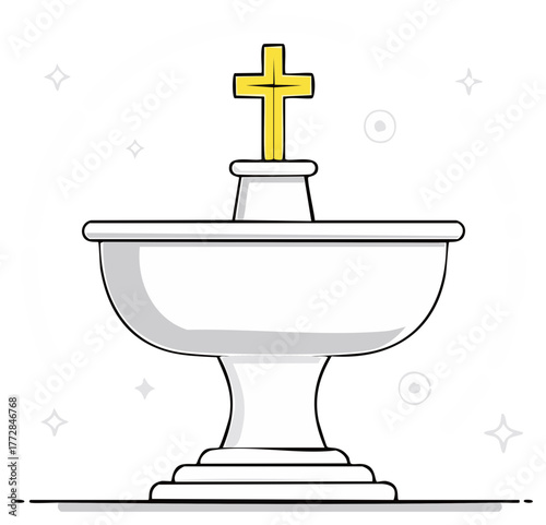 Minimalist vector illustration of a baptismal font with a golden Christian cross
