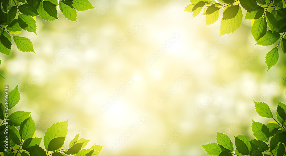Obraz premium Fresh green leaves frame a bright, dreamy background, creating a serene and inviting natural border with soft, diffused light.