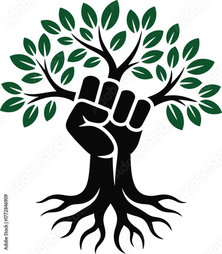 Powerful fist symbol integrated with a strong tree representing growth resilience and unity