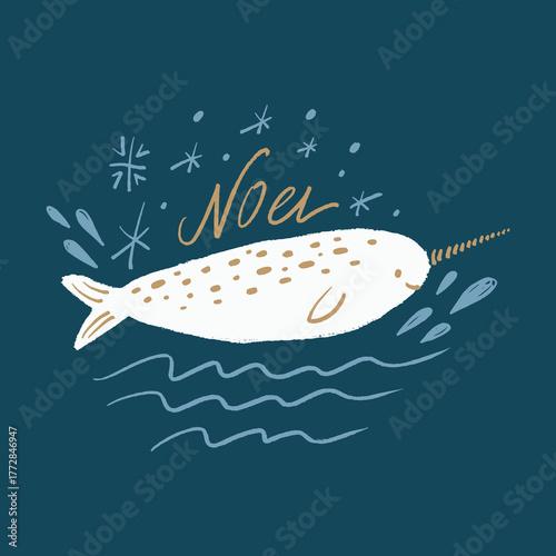 Nursery boho patterned narwhal unicorn whale animal in minimalistic Scandinavian style. Christmas Noel lettering editable elements, fairy tale little sweet childish character. Night sky snowflakes