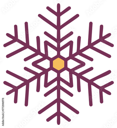 A simple symmetrical purple snowflake icon with a gold center, a decorative winter and Christmas holiday graphic