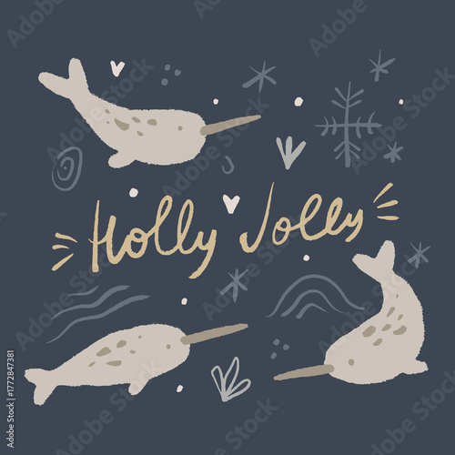 Nursery boho patterned narwhal unicorn whales animals in minimalistic Scandinavian style. Christmas Holly Jolly lettering editable elements, fairy tale little sweet childish characters. Night sky