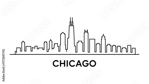 Chicago City Skyline Silhouette: A minimalist black-and-white silhouette of Chicago's iconic skyline, showcasing its architectural marvels and urban character, captures the city's identity.