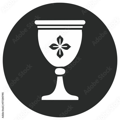 Holy communion chalice icon with a religious floral symbol on a black circle vector illustration