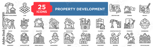 25 Line icons illustrating property development. property development, land, urban growth, project, funding, survey, development. Perfect for presentations, web design, and infographics.
