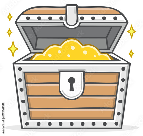 Cartoon treasure chest with gold, shiny stars, riches, and wealth depicted in a playful illustration style.