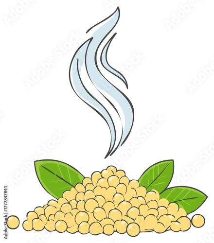 Soybeans pile with leaves and steam, steaming soy, organic ingredient