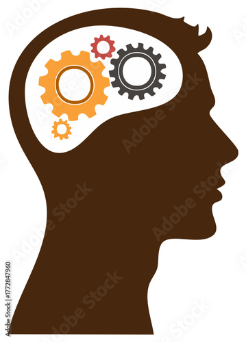 Concept illustration: Head silhouette filled with turning gears, depicting brainstorming, thinking, cognitive abilities and human intellect