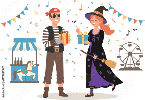 Carnival costume party illustration, pirate and witch, gift exchange, festive fair, Ferris wheel, confetti, bunting, celebration, magical atmosphere, fun