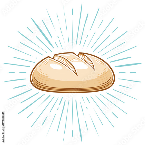 Fresh baked bread with radiating lines illustration evokes a warm wholesome feeling