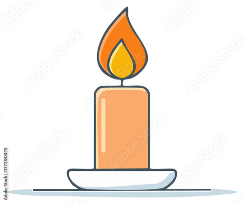 Doodle style drawing of a burning candle on a white background, wax, flame, and candlelight illuminating the composition.