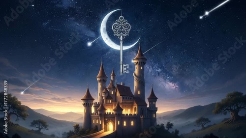 Magical Fantasy Castle Under a Crescent Moon and Key.