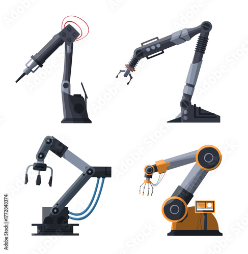 Vector illustration of four industrial robotic arms with different designs and mechanical grips. Modern automation technology concept for factories, engineering, and industry.