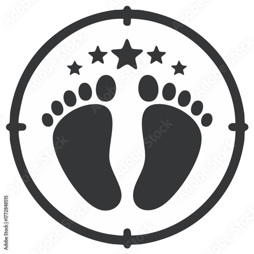 Baby feet and stars in a circle, black and white illustration, minimalist design, vector