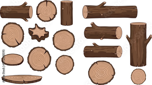 Vector set of cut wooden logs, tree trunks, and cross sections isolated on white background