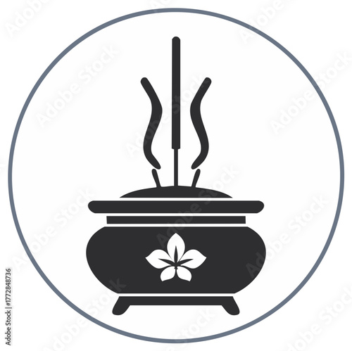 Traditional incense burner with burning incense sticks releasing aromatic smoke in a graphic design