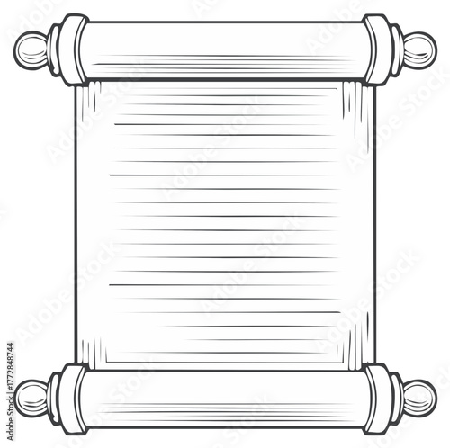 Blank vintage scroll with ornate wooden rollers, parchment paper, and lines for text