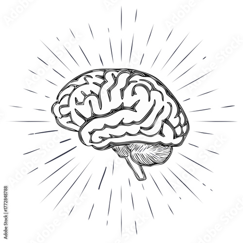 Vintage engraving style illustration of a human brain with radiating light rays for creativity and ideas