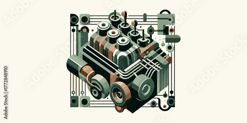 Isometric Engine Illustration Industrial Tech Design