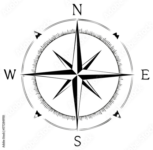 Minimalist black and white compass rose icon showing cardinal directions for navigation and travel