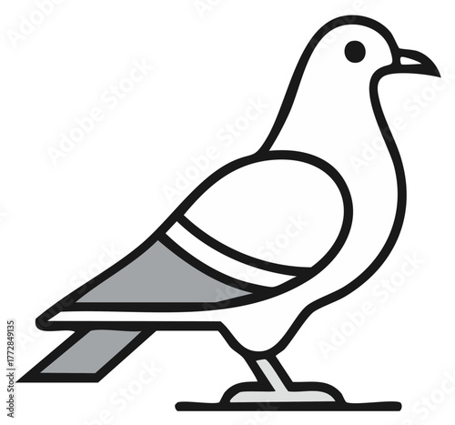 Simple illustrated pigeon bird standing icon black outline and gray accents