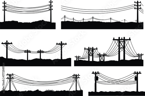 Flat vector silhouettes of utility poles, power lines, electric infrastructure, rural energy grid, transmission structures, outdoor electricity system, landscape illustration