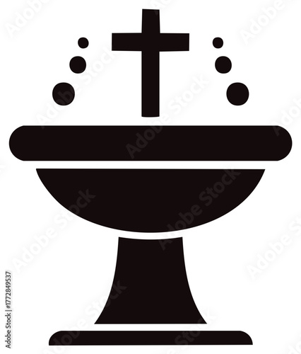Religious baptismal font icon with Christian cross and water symbol