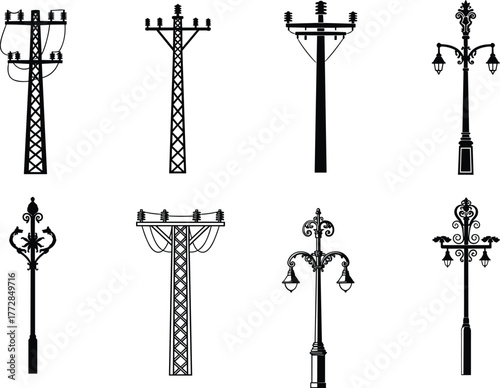 Flat vector silhouettes of utility poles, electric wires, street lamps, urban infrastructure, outdoor lighting, power lines, city energy elements