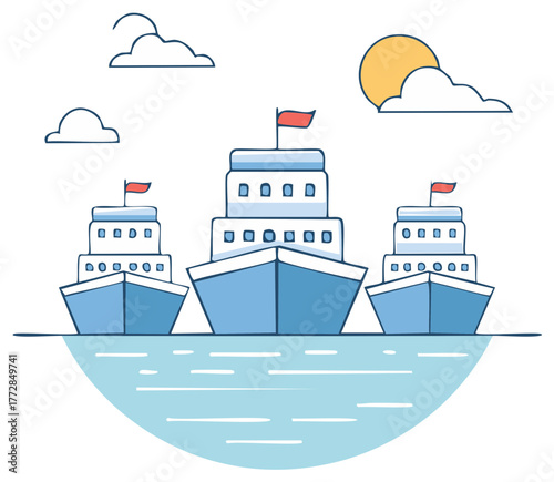 Cruise Ships in Calm Waters with Clouds and Sun Cartoon Style Illustration