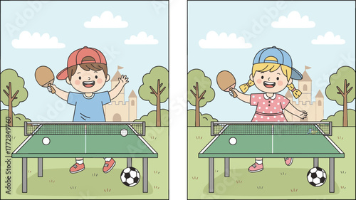 Cartoon children playing table tennis, castle park background, outdoor sports activity, happy kids, fun game, colorful illustration, active lifestyle