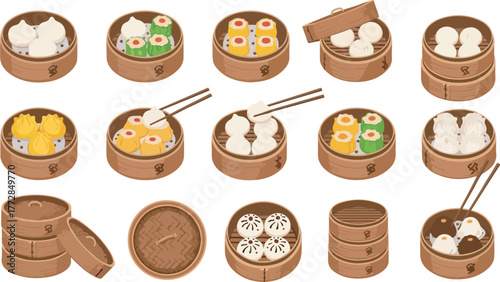 Chinese Dim Sum Food Vector Icon Set with Dumplings and Steamed Buns in Bamboo Baskets