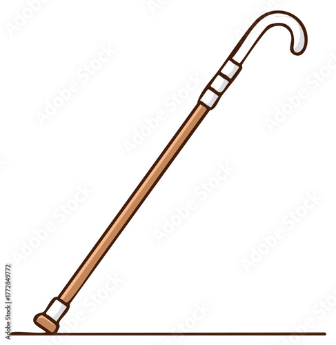 A classic wooden walking cane with a curved handle and simple segmented design resting on a line