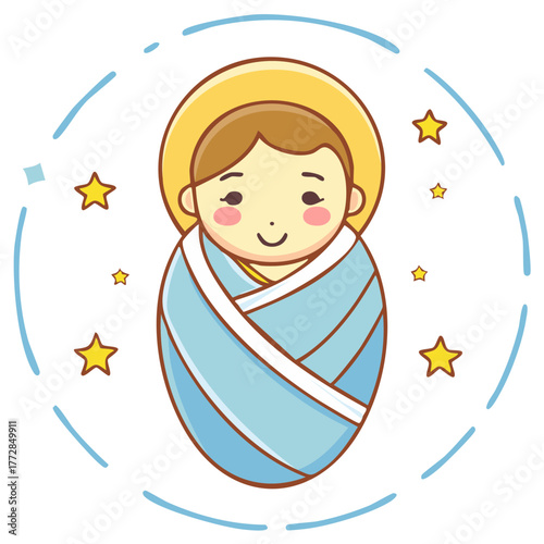 Cartoon baby wrapped in blue swaddling with gold halo and stars, Christmas