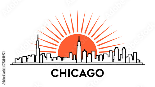 Chicago Skyline Illustration: Minimalist cityscape with the sun radiating behind the iconic architecture, showcasing urban beauty and the vibrant spirit of the Windy City.