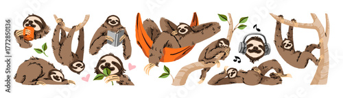 Cute sloth set. Happy jungle animal hangs on branch, sleeps on tree, eats leaves and relaxes. Funny character reads book, drinks coffee and has a rest. Flat isolated vector illustration on white.