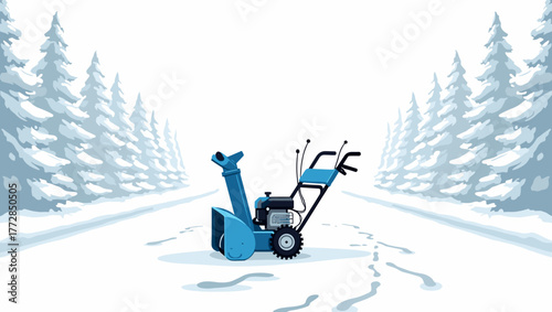 Blue snowblower in driveway surrounded by winter forest and snowy road concept of cold season equipment