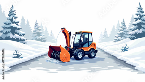 Heavy orange snowblower in driveway cleaning snowy road among pine trees concept of winter city service