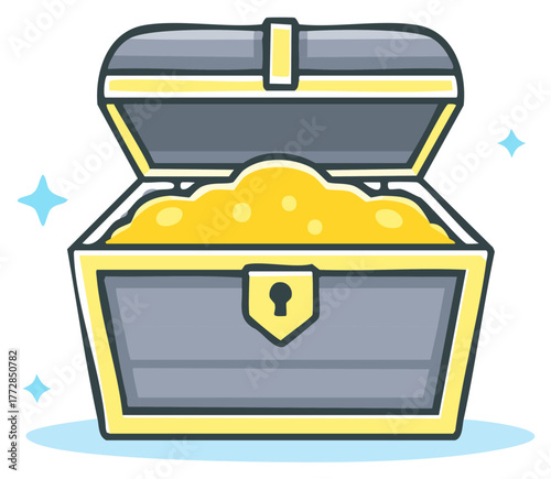 Cartoon illustration of a sparkling open treasure chest filled with gold