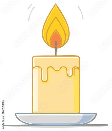 Glowing candle illustration featuring melted wax on a plate, isolated on a white background