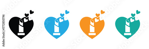 Vibrant lipstick icons with heart accents, perfect for beauty campaigns, Valentine's Day promotions, or stylish cosmetic branding. Add charm and elegance now!