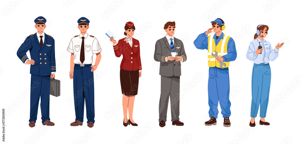 Obraz premium Airplane crew set. Team of aircraft. Group of happy workers of airport in uniform. Commander of plane, pilot, flight attendant, stewardess. Flat isolate vector illustrations on white background.