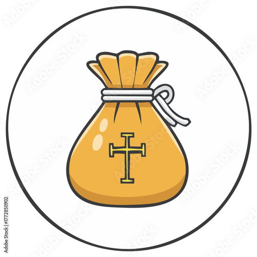 Cartoon money bag with a holy cross symbol vector icon for church donation or tithe