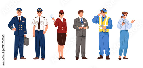 Airplane crew set. Team of aircraft. Group of happy workers of airport in uniform. Commander of plane, pilot, flight attendant, stewardess. Flat isolate vector illustrations on white background.