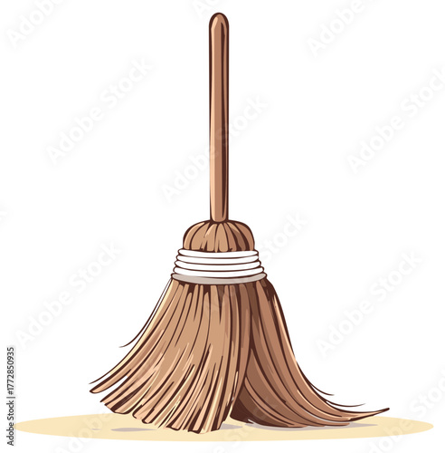 Cartoon traditional straw broom, an essential household cleaning tool for sweeping