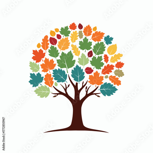 A stylized illustration of a tree with a vibrant collection of colorful leaves.