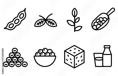 Vibrant soybean icons representing harvest, cultivation, and diverse products like milk and tofu, perfect for food blogs and agricultural promotions