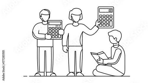 Three people are working with calculators