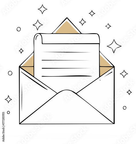 Open Envelope Sketch Holding Stationery Paper with Sparkles and Circles Around It